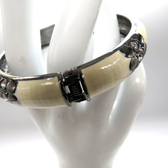 Enamel Bracelet Cream Gun Metal Gray Hinged Bangle Clear Rhinestone Accents - Picture 5 of 12